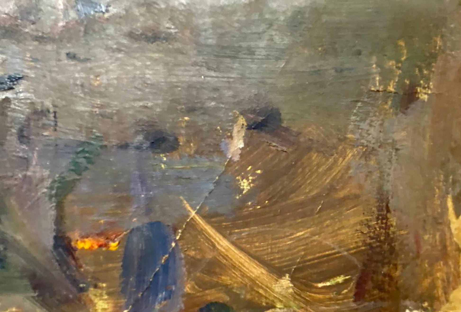 Abstract oil painting Kolkhoz women by unknown artist in earthy tones
