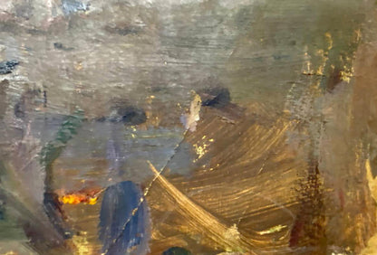 Abstract oil painting Kolkhoz women by unknown artist in earthy tones