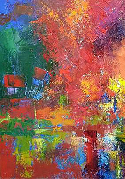 Vibrant Autumn Kirilenko Mikhail oil painting with bold red, orange, green, blue strokes