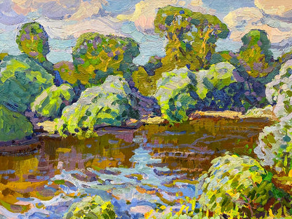 Vibrant impressionist oil painting by Ruban Grigory Savelyevich of lush riverbank