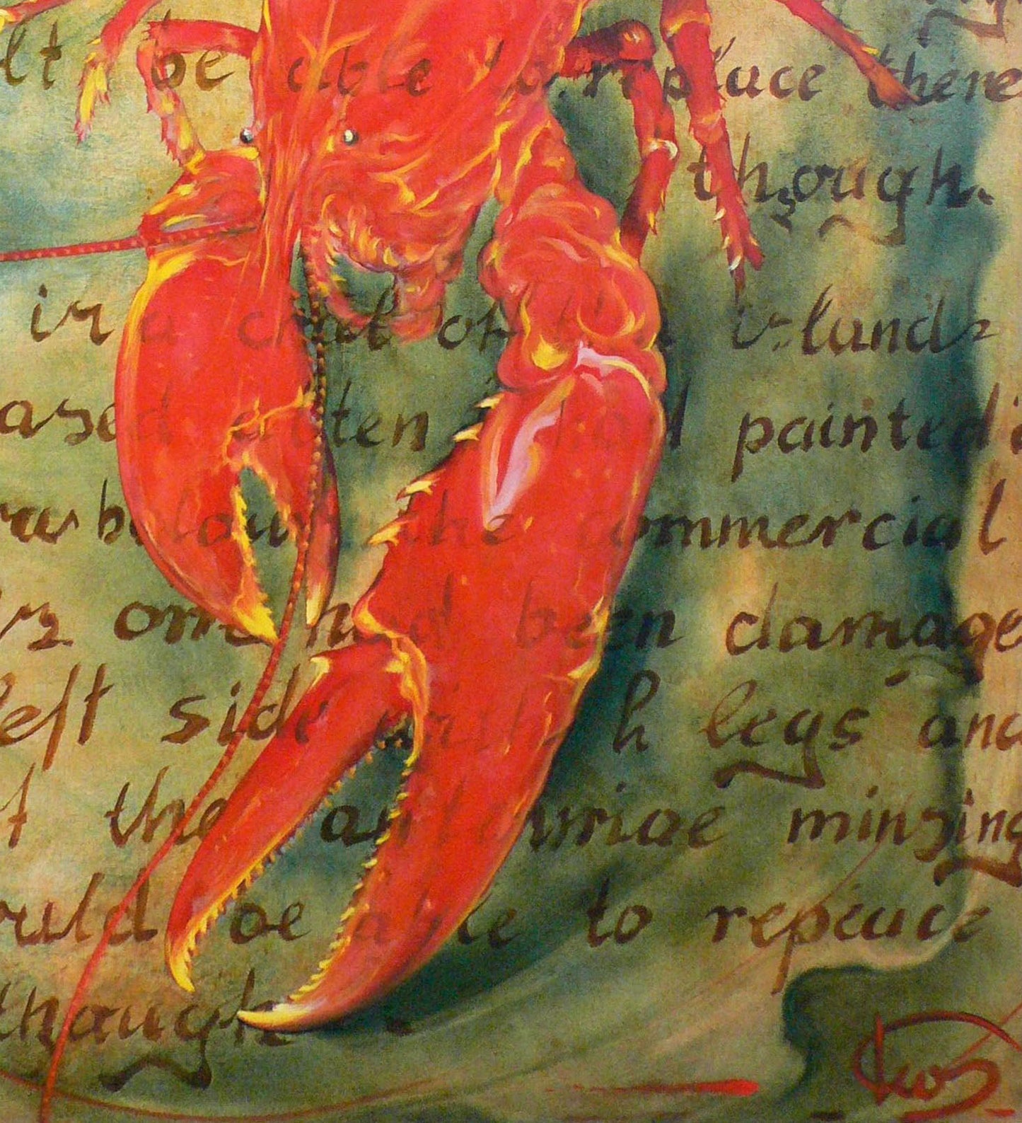 Vibrant red lobster oil painting by Korkishko Vasily on greenish background