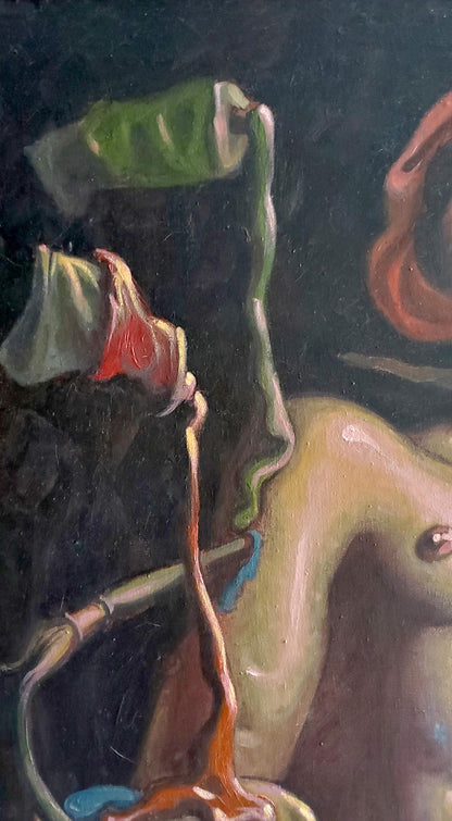 Surreal oil painting by Litvinov Daniil Olegovich: nude figure with green red paint streams