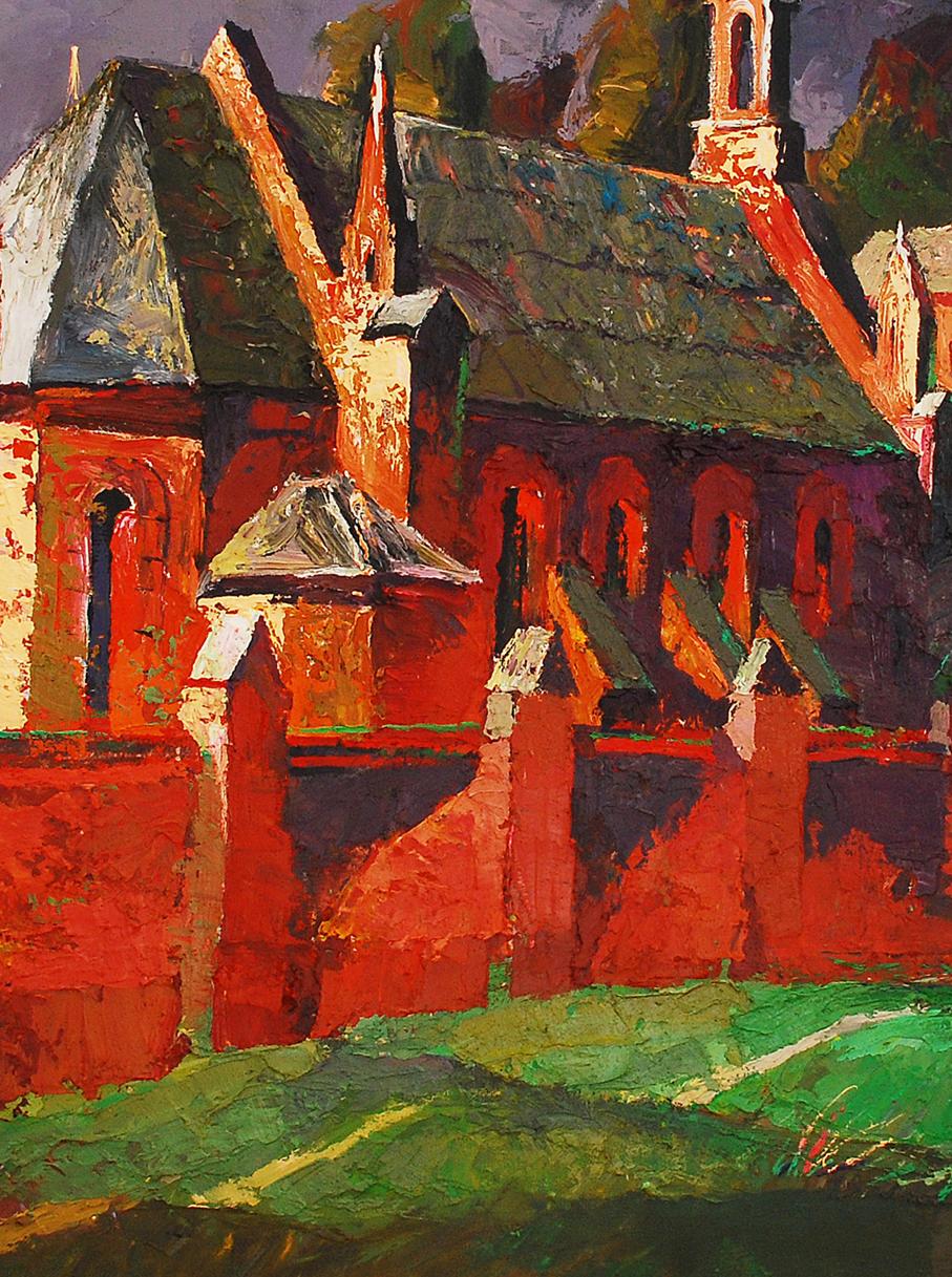 Vibrant impressionist oil painting Old Misto by Egor Shvachunov, red brick church