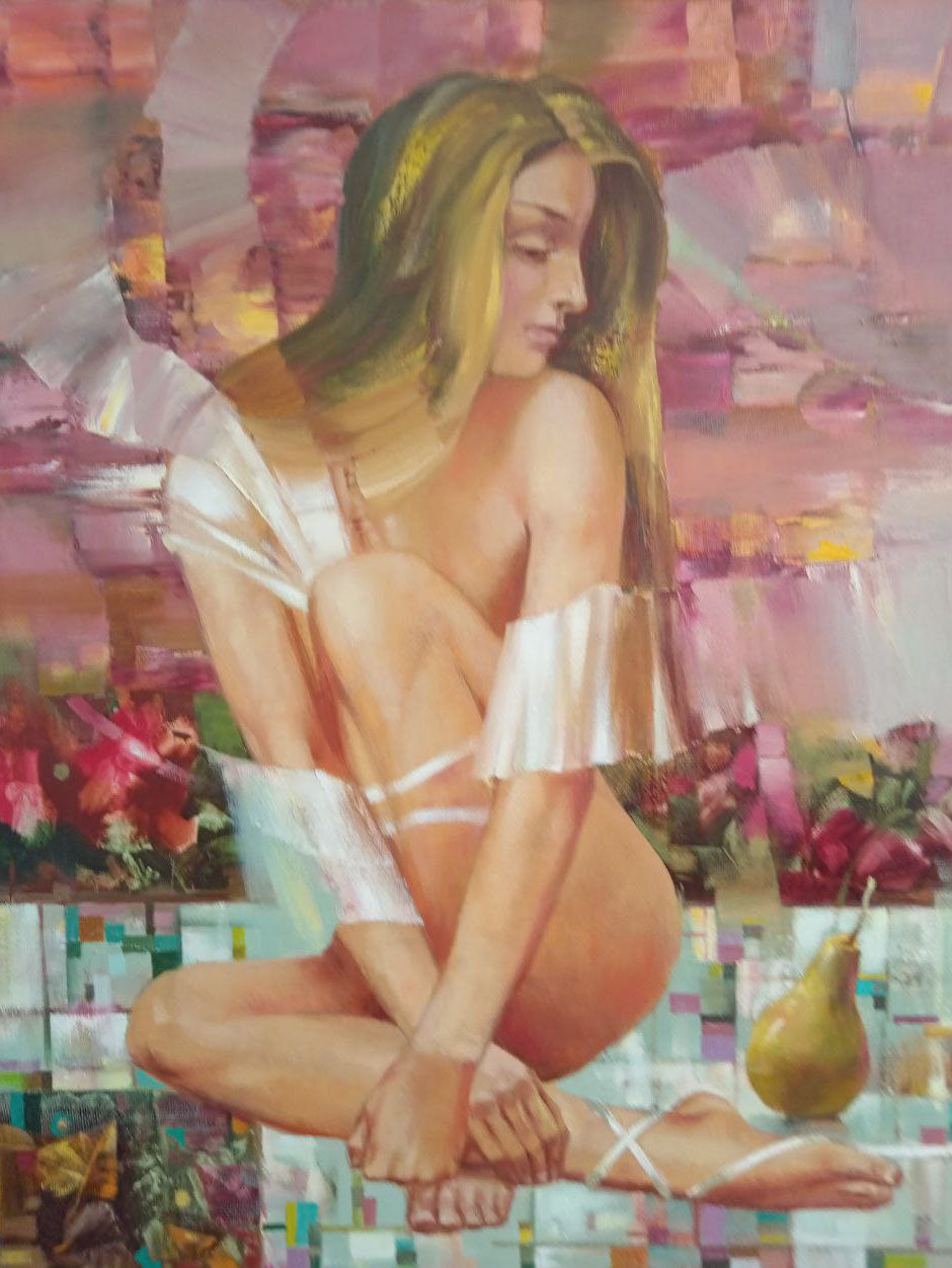 Soft-focus oil painting of woman in white lingerie on mosaic tiles with flowers