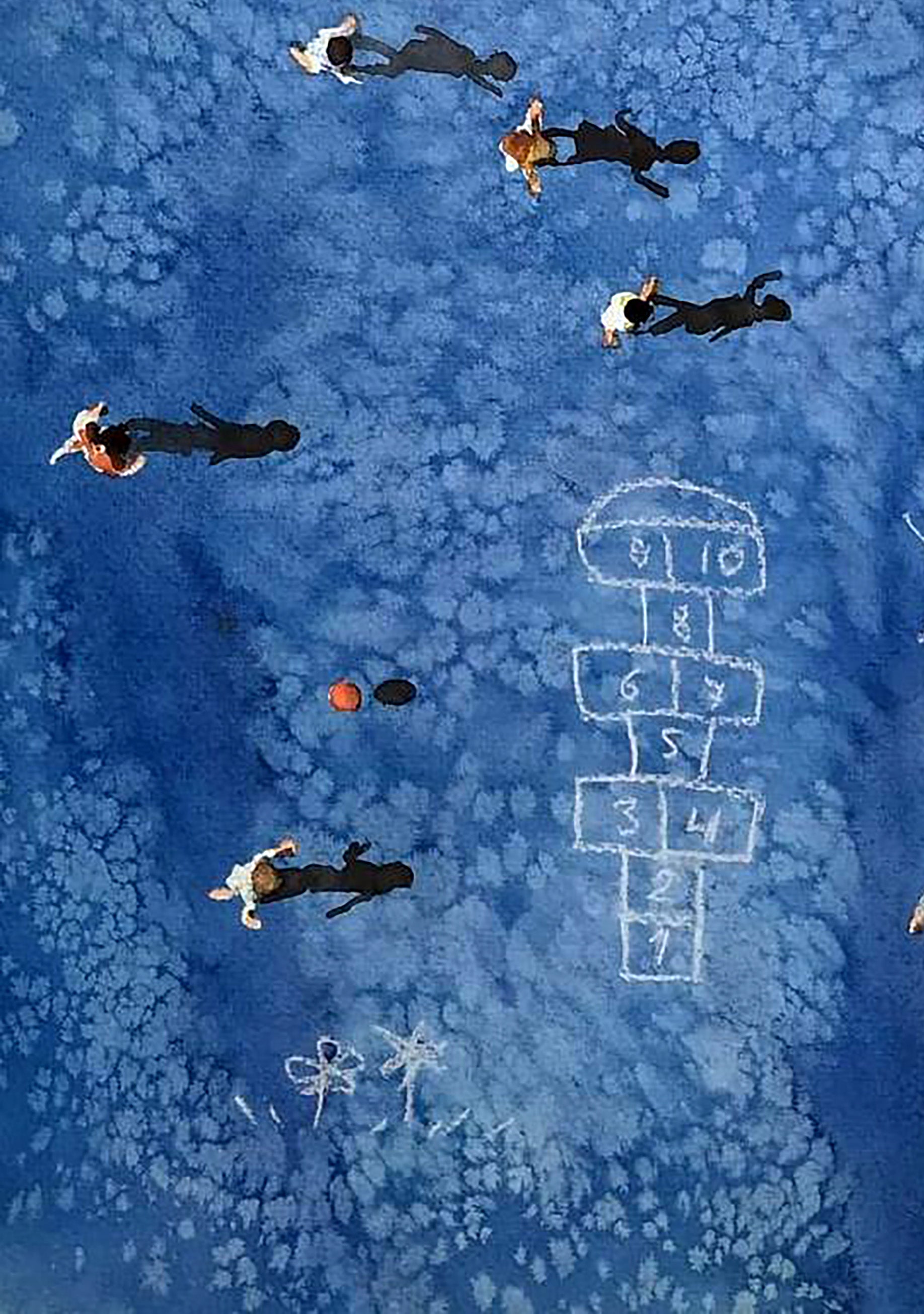 Chalk hopscotch grid with orange ball in Elena Klimenko Noisy yard watercolor