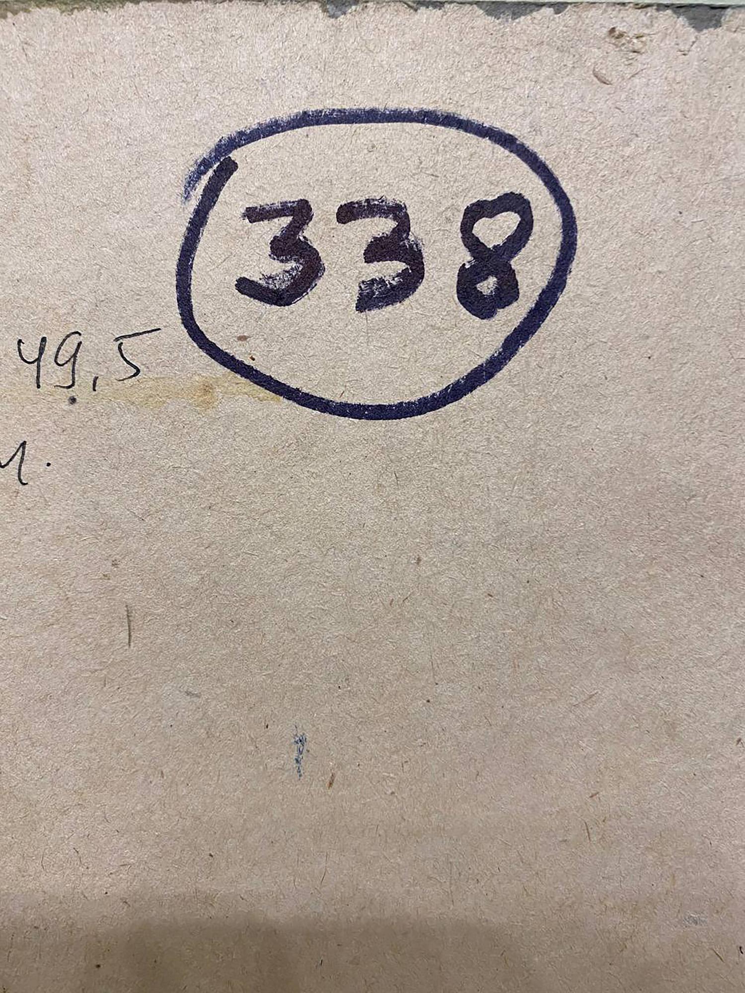 Hand-drawn 338 circled in blue ink on back of On the Lake oil painting by Shariy Anatoly Ivanovich