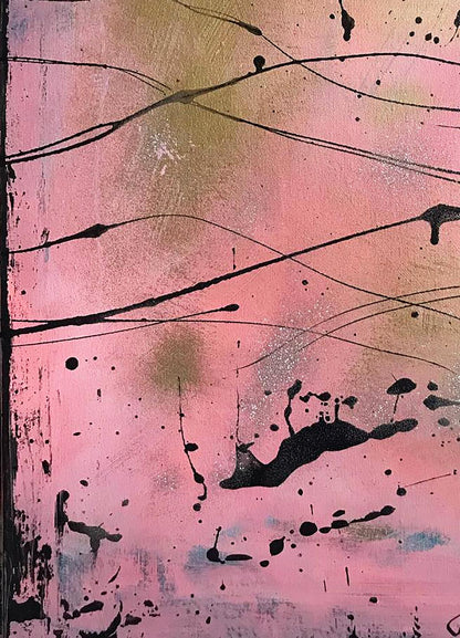 Acrylic painting Tenderness by Olga Melezhik: black splatters on pink gold blue