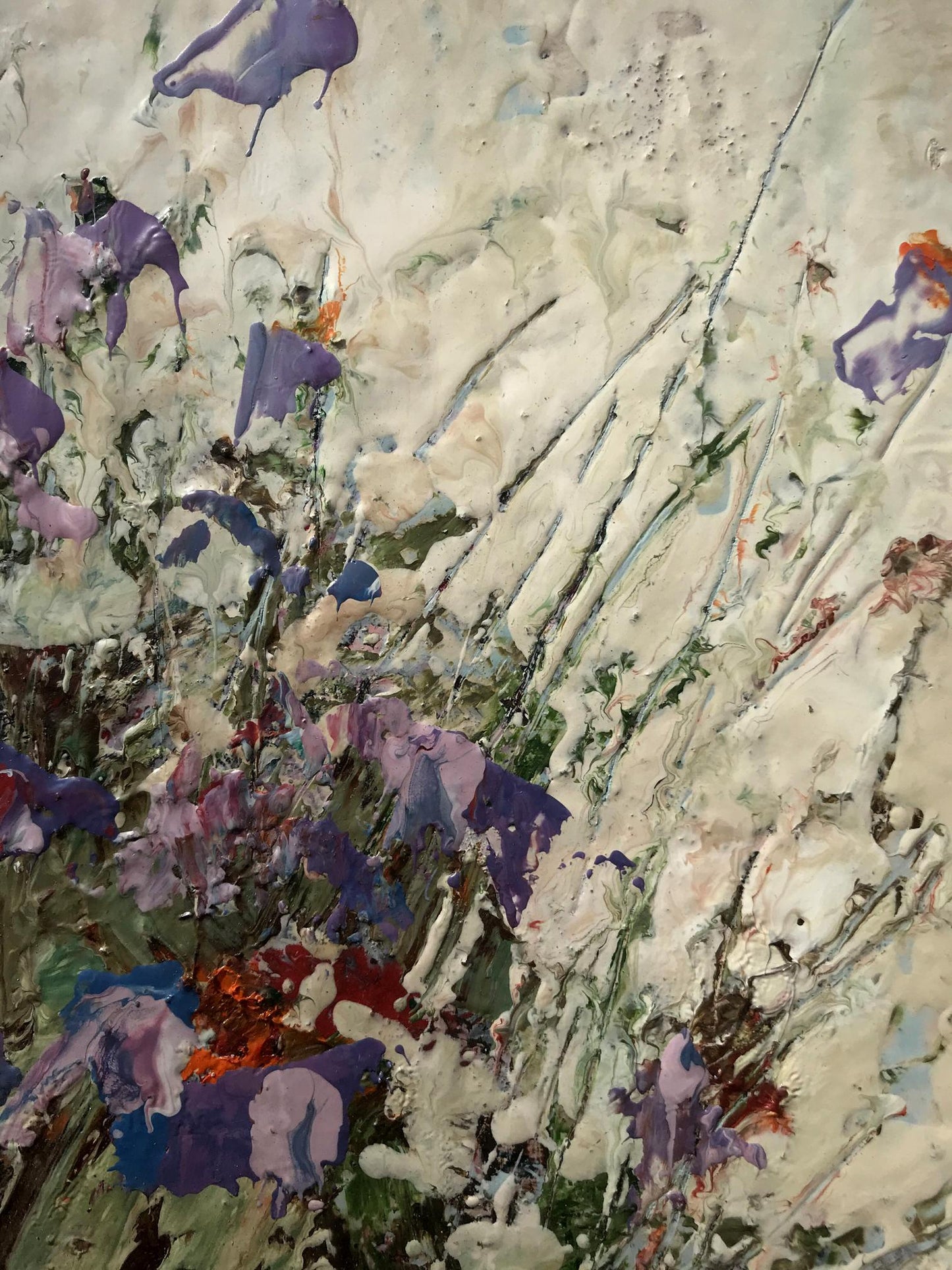 Oil painting Flowers Mazur Vladimir: purple blue flowers textured brushstrokes