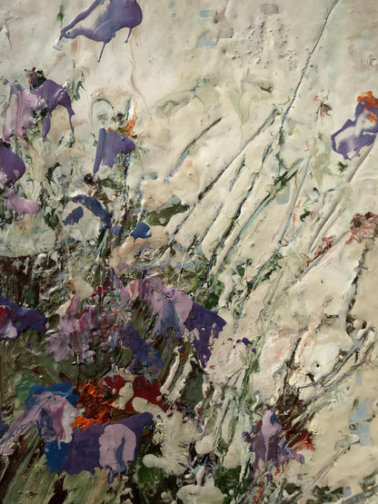 Oil painting Flowers Mazur Vladimir: purple blue flowers textured brushstrokes