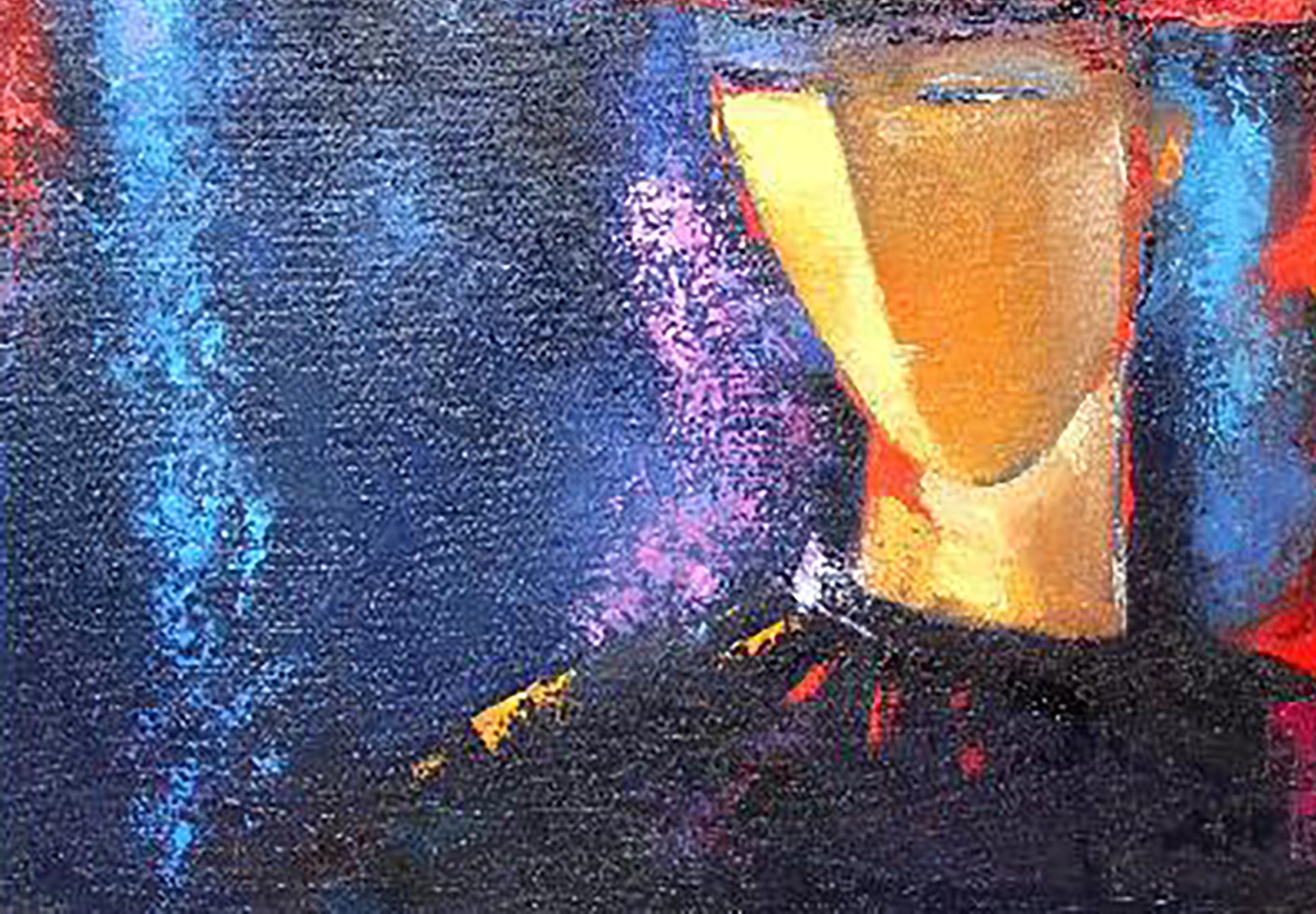 Oil painting Evening by Kirilenko Mikhail: abstract orange-yellow face on textured blue background