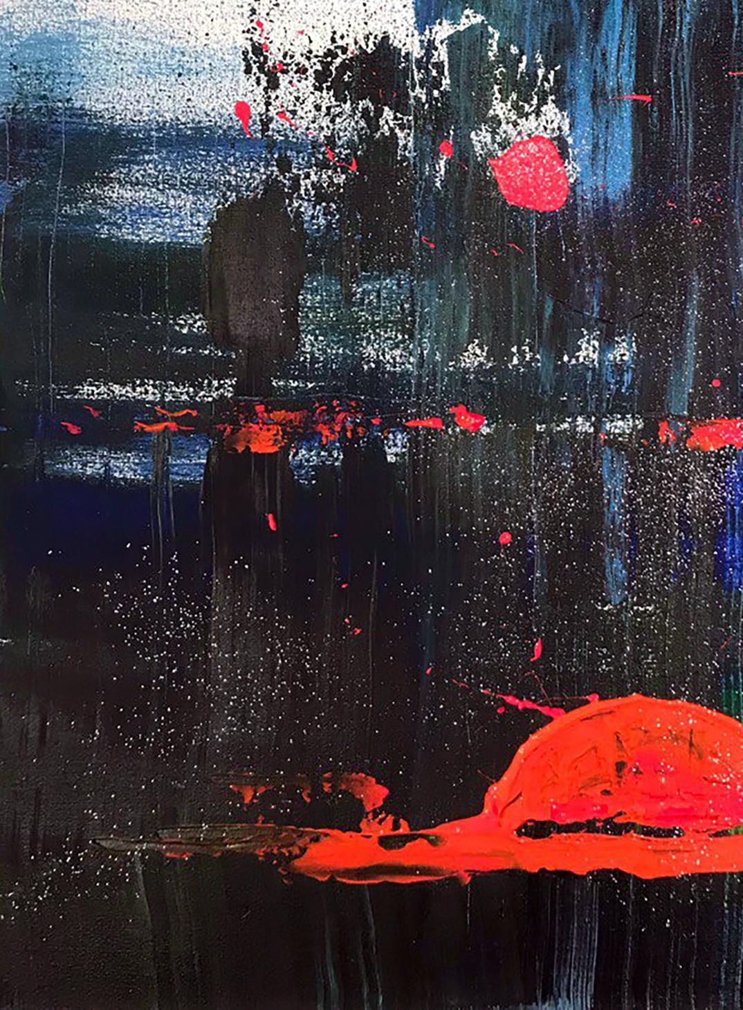 Acrylic painting Magic Night by Melezhik Olga, bold red blue strokes on dark background