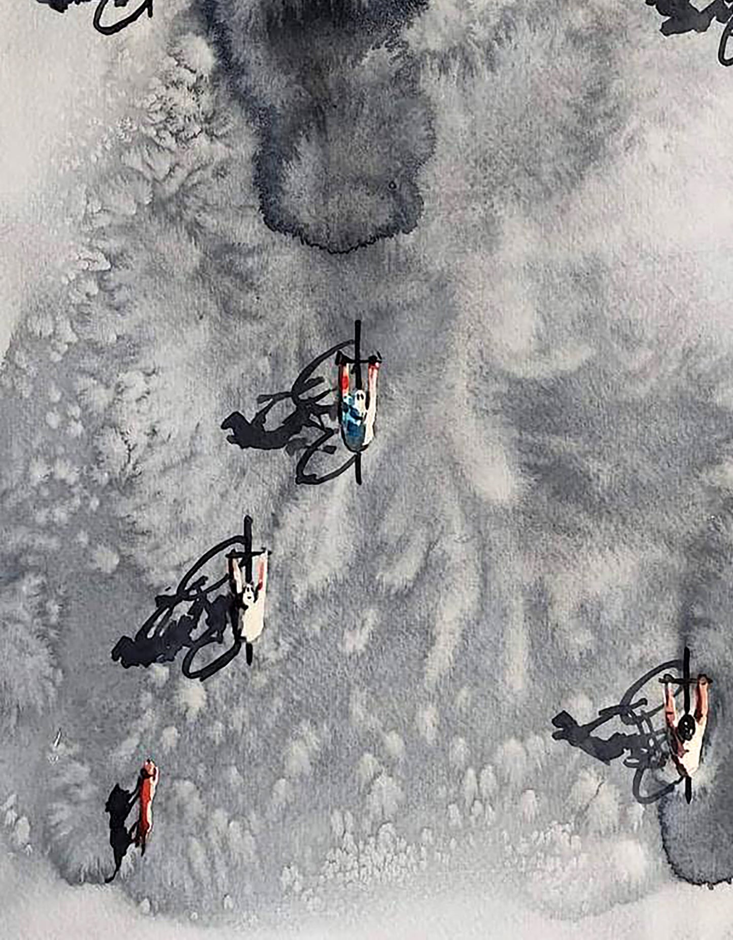 Colorful birds flying in ink painting clouds, Watercolor Morning Bike by Elena Klimenko