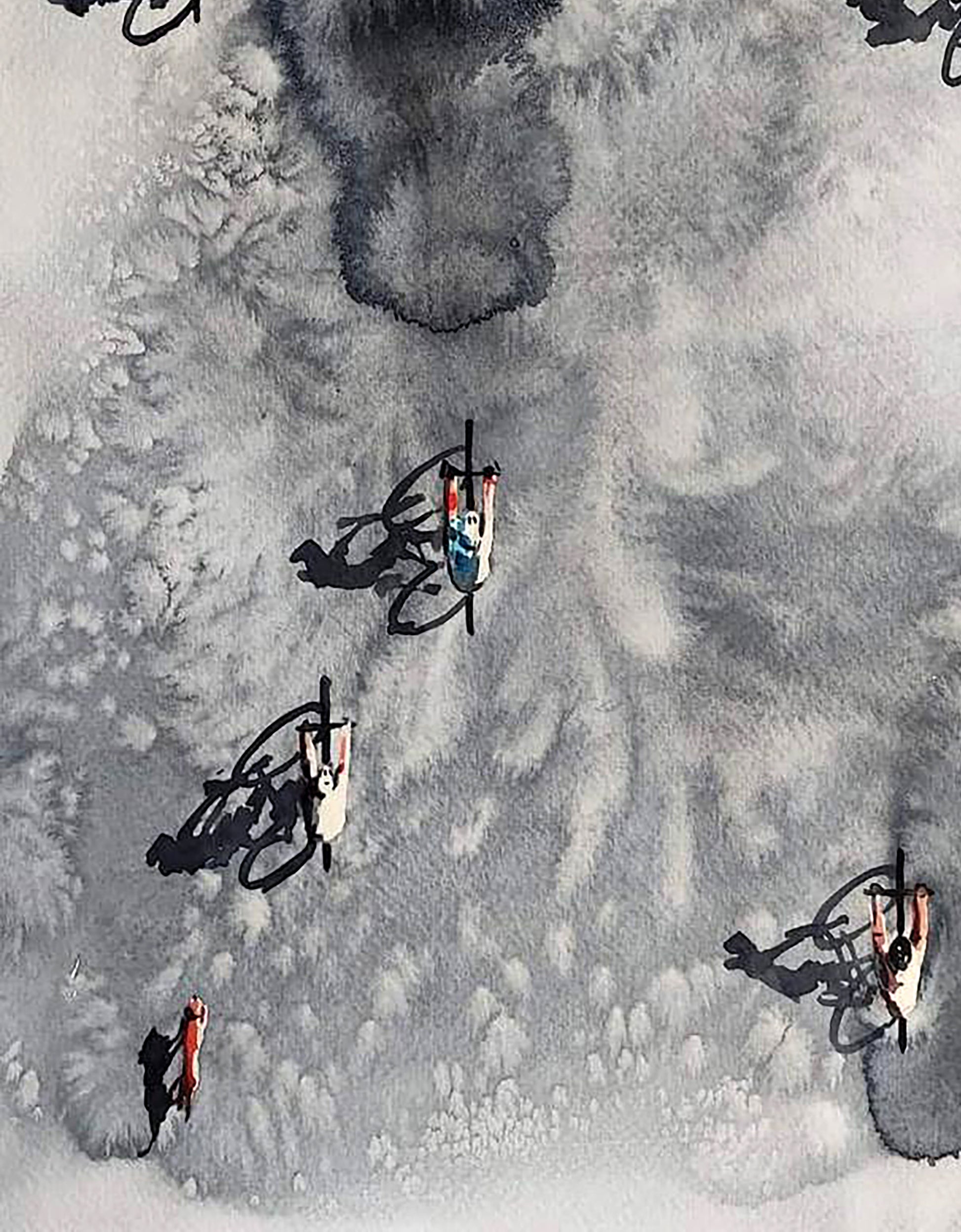 Colorful birds flying in ink painting clouds, Watercolor Morning Bike by Elena Klimenko