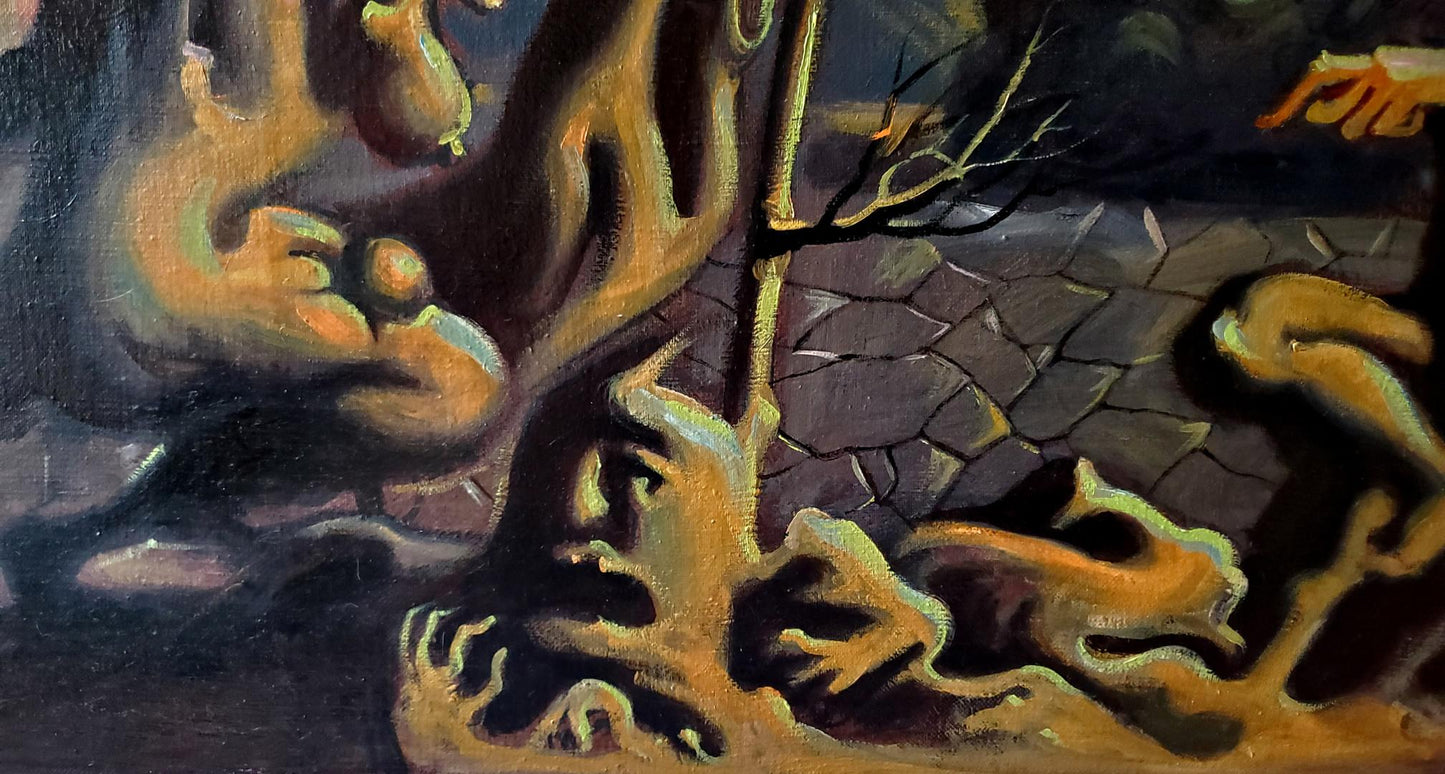 Abstract golden-yellow swirls on cracked dark stone in Litvinov The Last Judgment of Paris oil painting