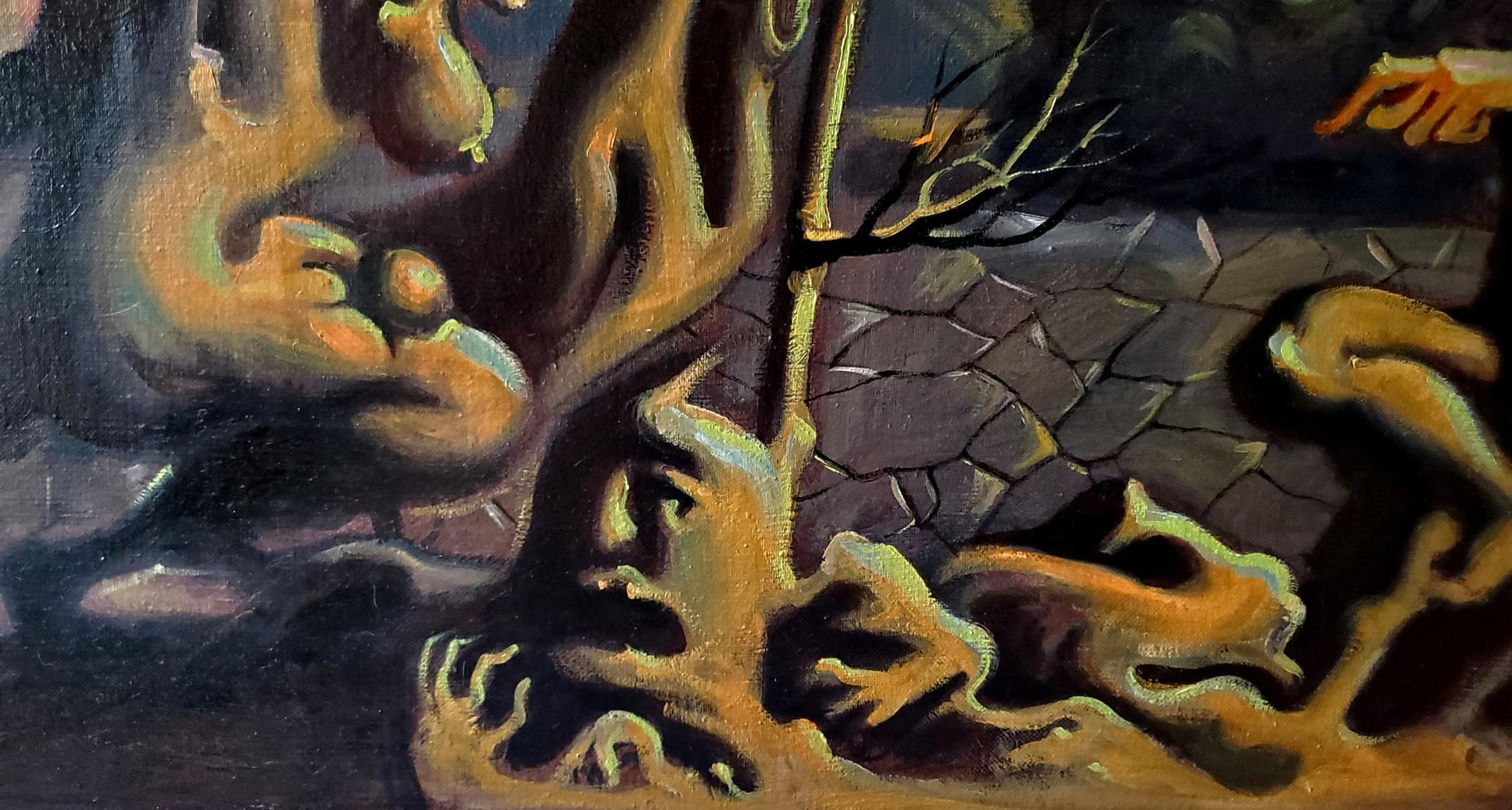 Abstract golden-yellow swirls on cracked dark stone in Litvinov The Last Judgment of Paris oil painting