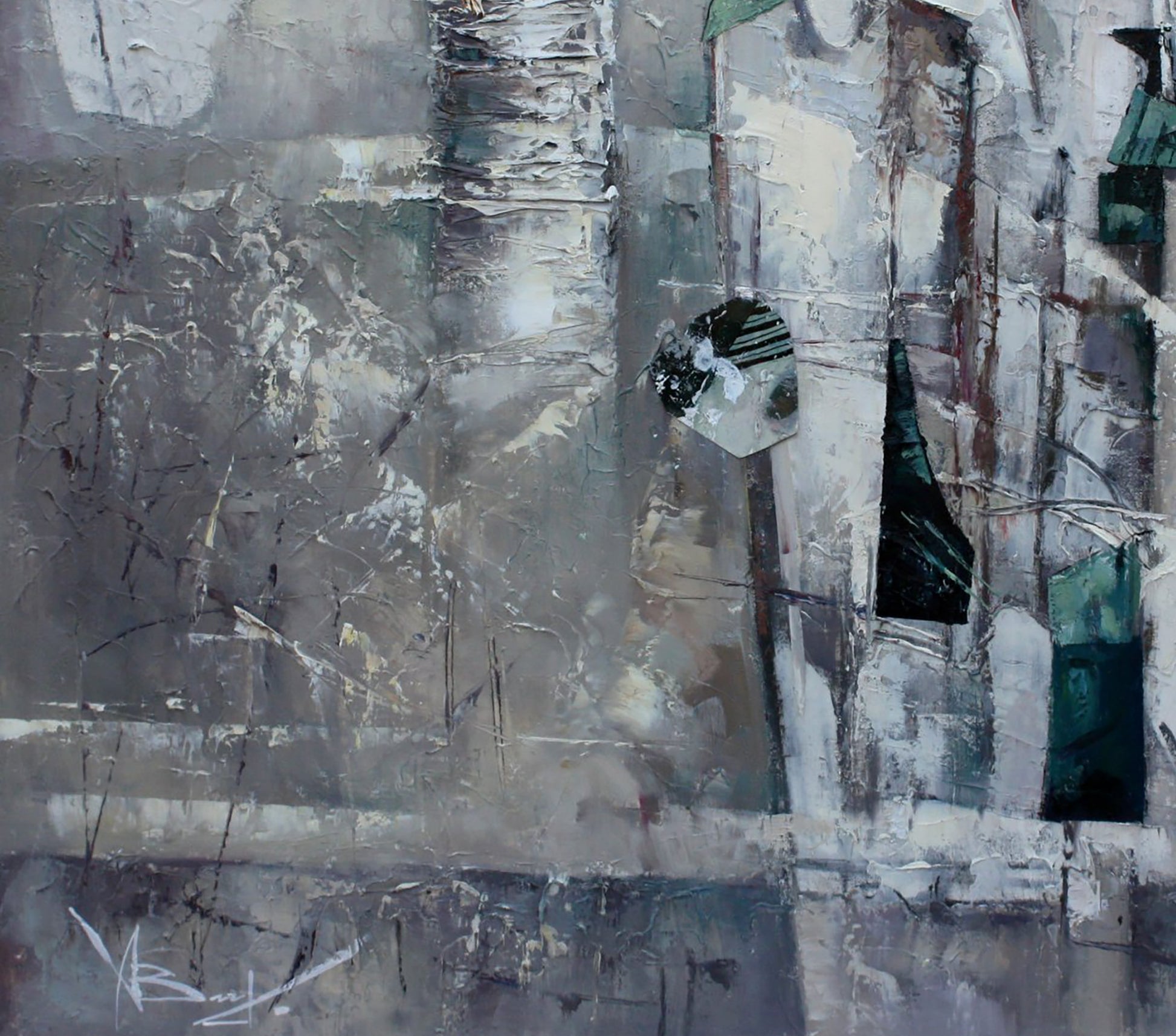 Oil painting White space by Valentina Alekseevna Kozyar, abstract gray white teal brushstrokes central black white circle