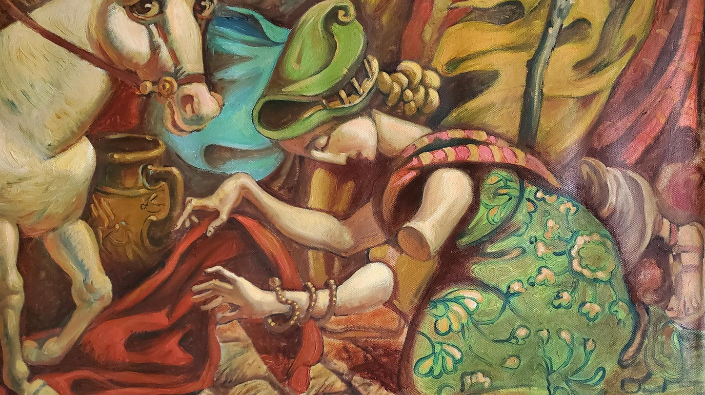Oil painting Entry of Christ into Jerusalem by Litvinov Daniil Olegovich, vibrant green figure with floral patterns