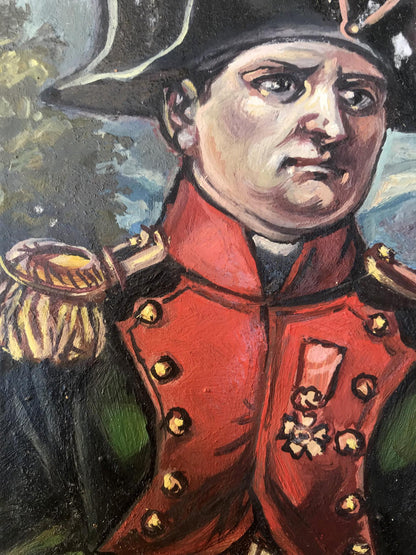 Oil painting portrait of Napoleon Alexander Arkadievich Litvinov in red military coat and tricorn hat