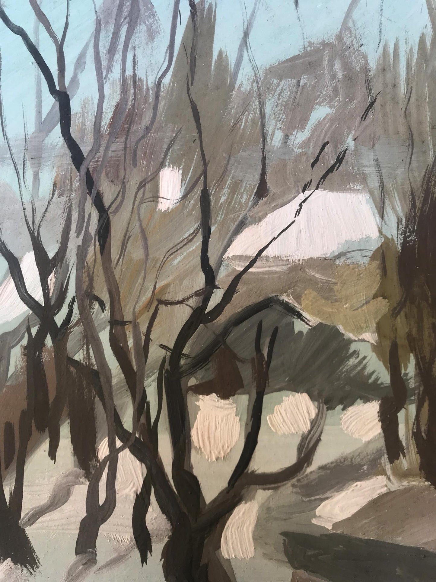 Oil painting Grandma returns in the evening by Alexander Litvinov, textured winter trees