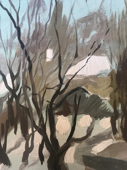Oil painting Grandma returns in the evening by Alexander Litvinov, textured winter trees