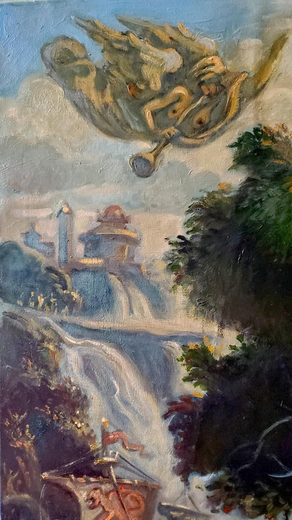 Golden winged angel with trumpet over waterfall in Oil painting Noon in Italy by Litvinov Daniil Olegovich