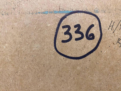 Black marker 336 in circle on back of rustic apple oil painting cardboard