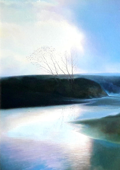 Serene oil painting by Korkishko Vasily: lone tree over calm waters