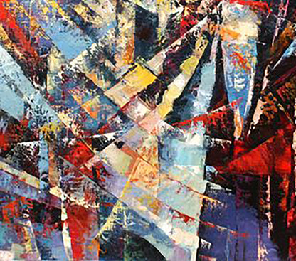Vibrant oil painting Sun rays Kirilenko Mikhail with bold red blue strokes