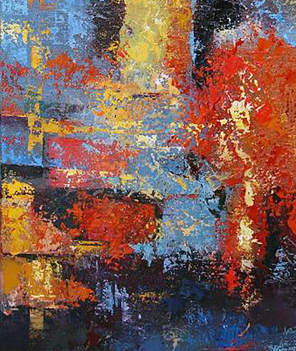 Vibrant oil painting Autumn morning by Kirilenko Mikhail with bold red yellow blue strokes