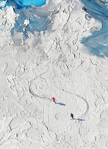 Two skiers carve tracks on textured snowy slope in Elena Klimenko acrylic painting