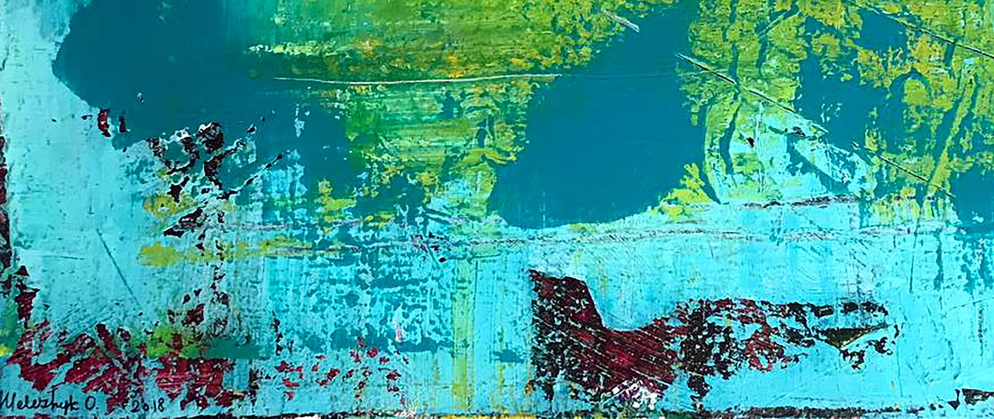 Abstract teal green red strokes Dolphin painting by Melezhik Olga
