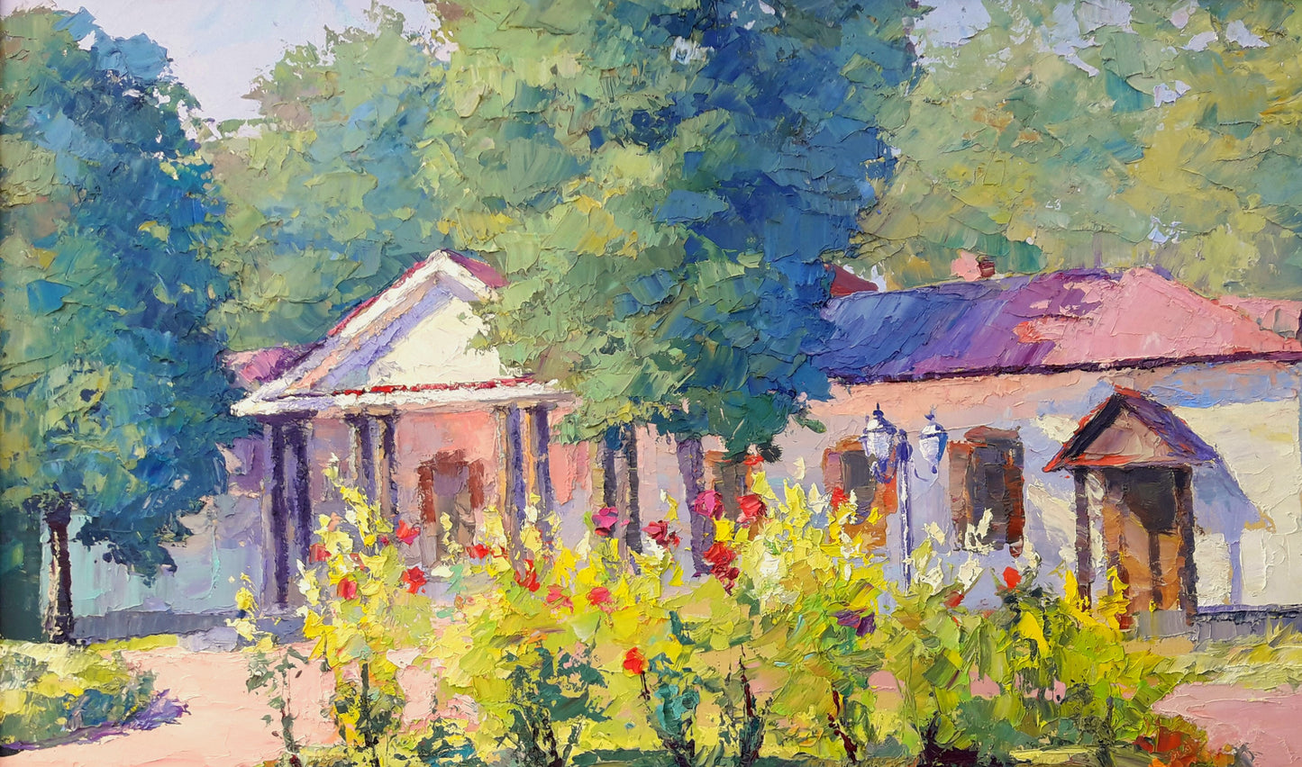 Vibrant impressionist custom landscape painting of sunlit garden with flowers