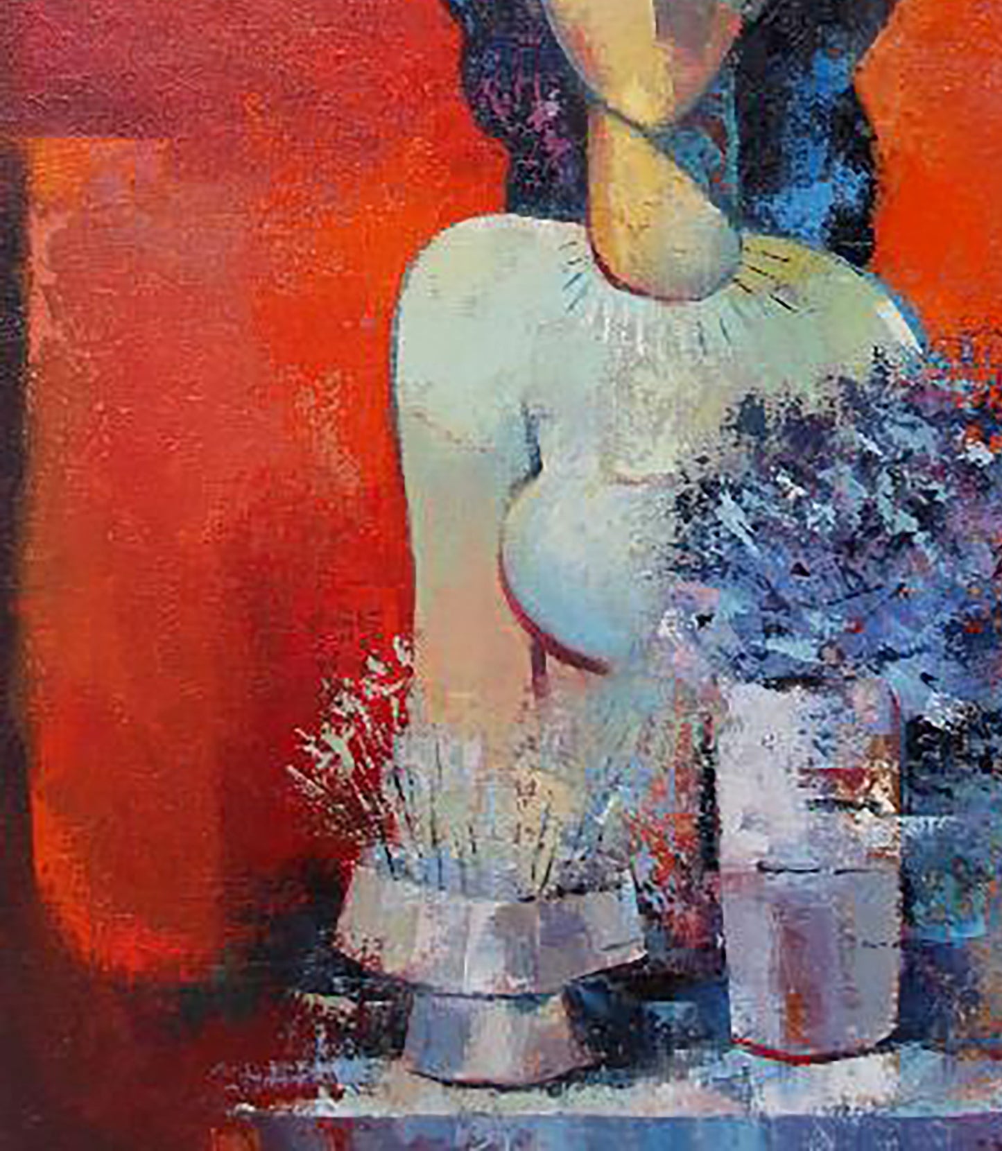 Oil painting Warm morning by Kirilenko Mikhail: stylized figure with purple blue florals