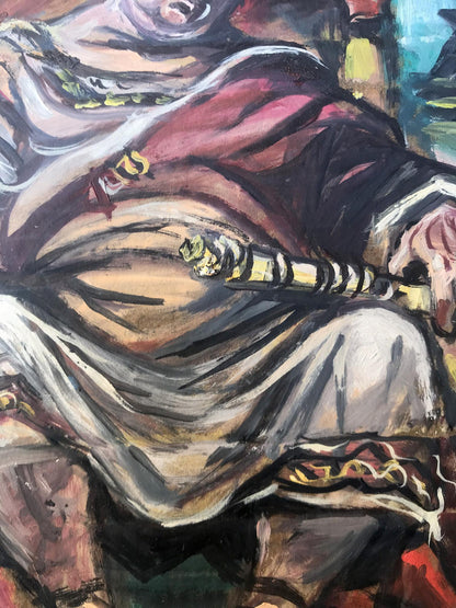 Oil painting portrait of Caesar Alexander Arkadievich Litvinov with ornate striped instrument