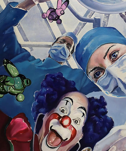 Vibrant surreal oil painting by Igor Konovalov: clown under surgeons in OR