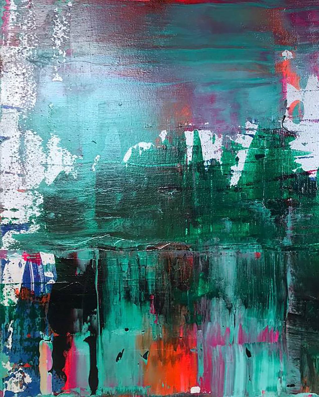 Acrylic painting Forest Lake by Melezhik Olga with teal green red strokes