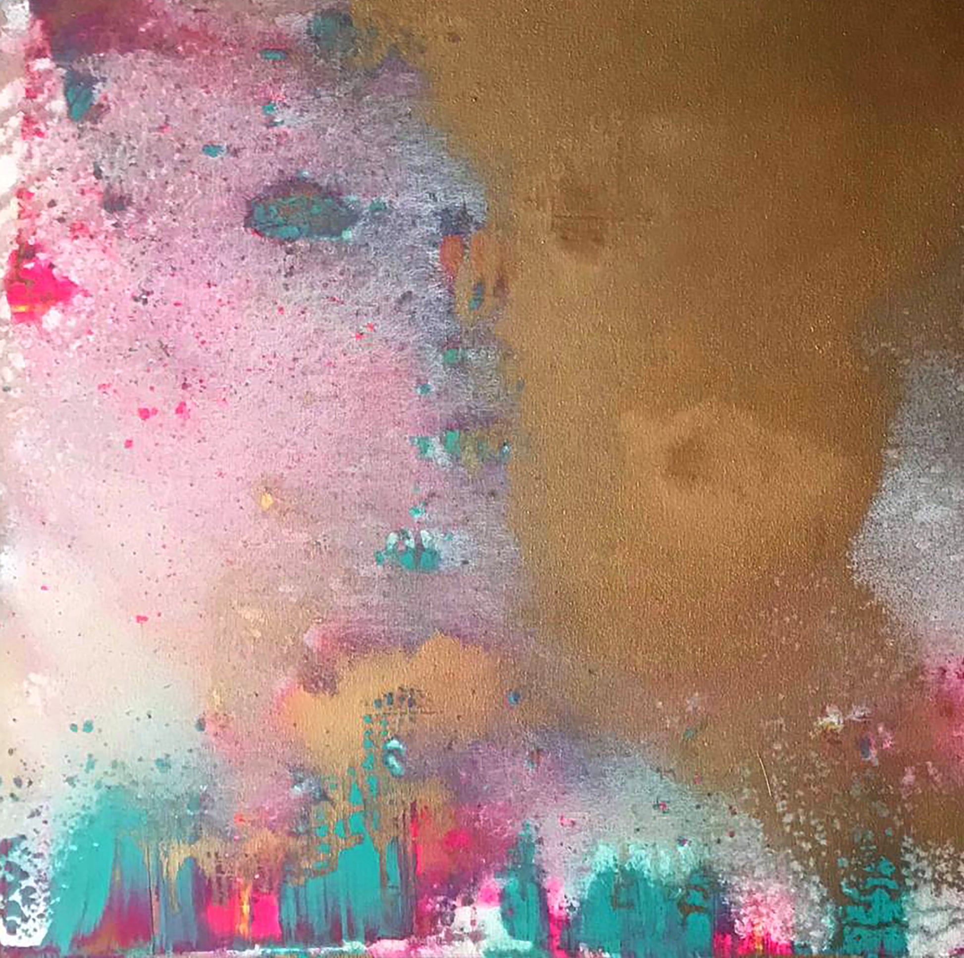 Abstract Whirlwind of Joy acrylic painting by Olga Melezhik, pink gold teal white splatters