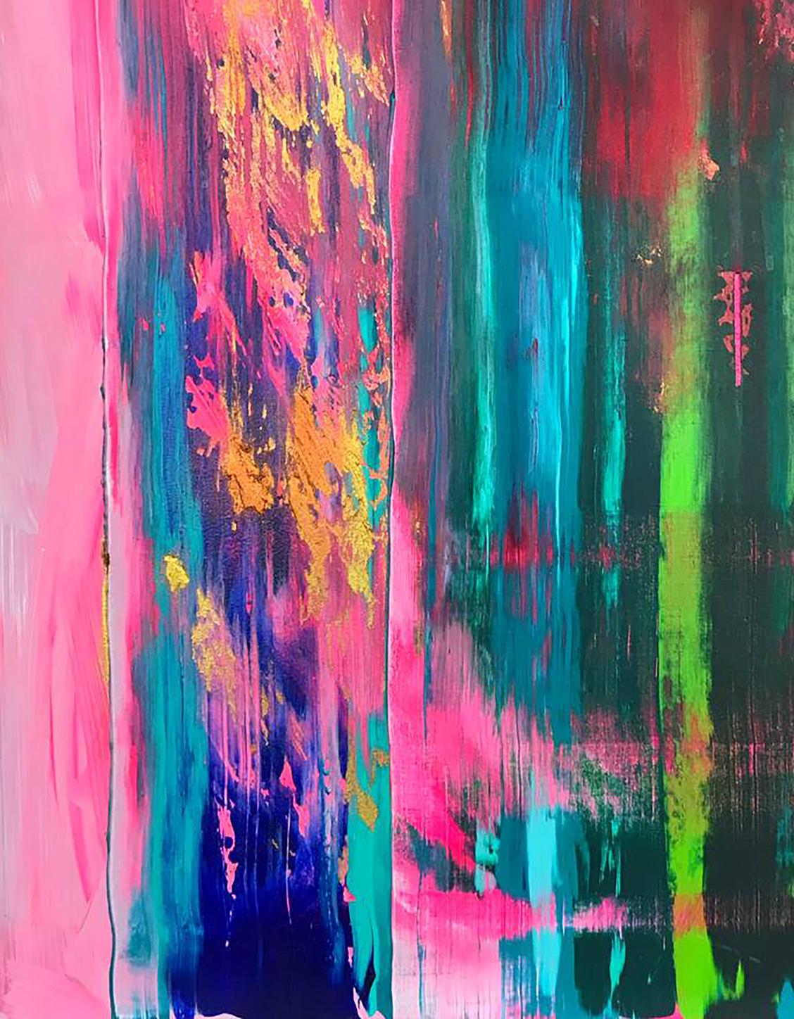 Vibrant Pursuit abstract acrylic painting by Melezhik Olga with pink teal streaks
