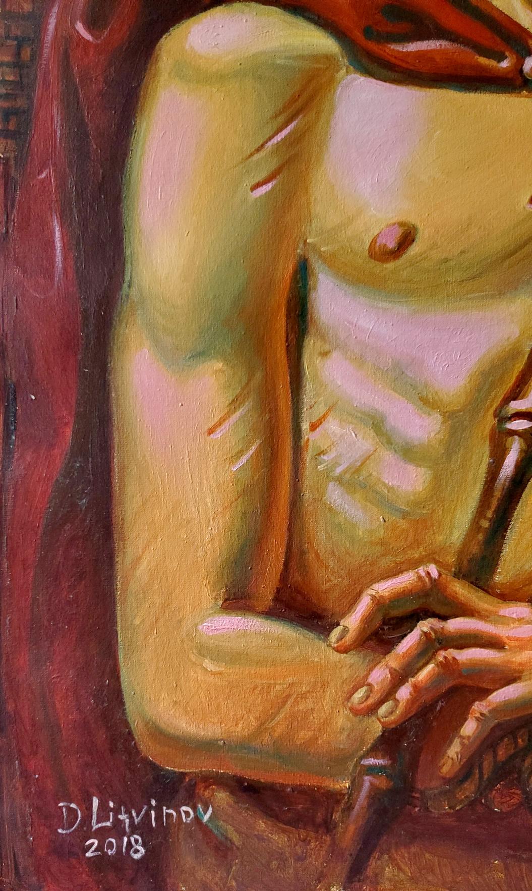 Muscular male torso in oil painting Christ before Pilate by Litvinov Daniil Olegovich