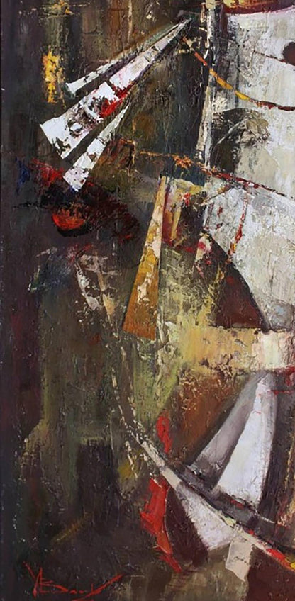 Oil painting Autumn Rhapsody by Valentina Alekseevna Kozyar, bold white red ochre strokes on dark gray