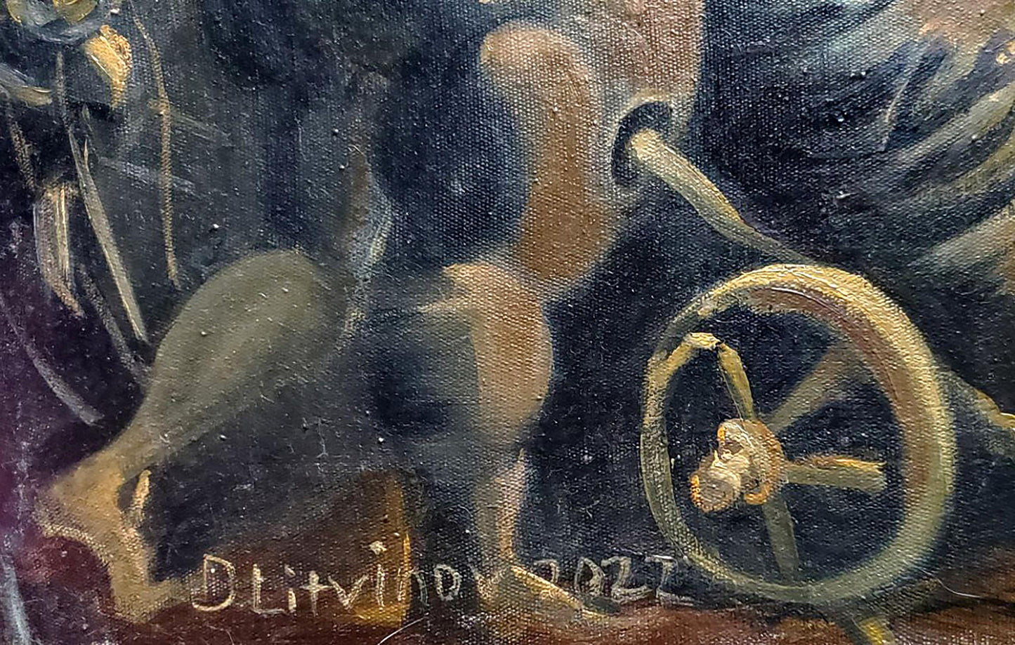 Close-up of vintage oil painting back: The Last Judgment of Paris by Litvinov Daniil Olegovich