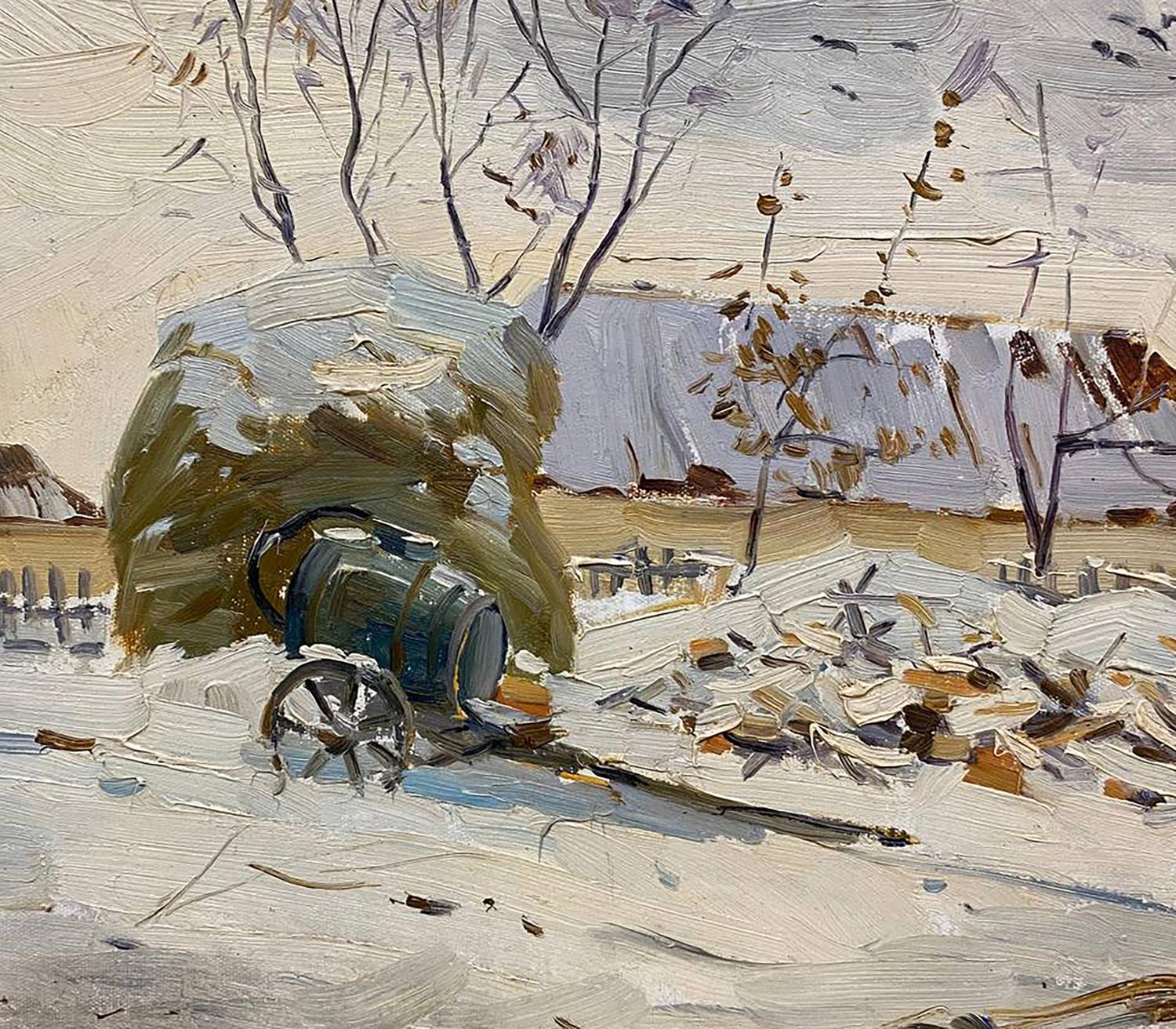 Oil painting of dark green barrel in early winter snow by leafless tree