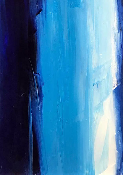 Waterfall abstract painting with navy to sky blue vertical brushstrokes