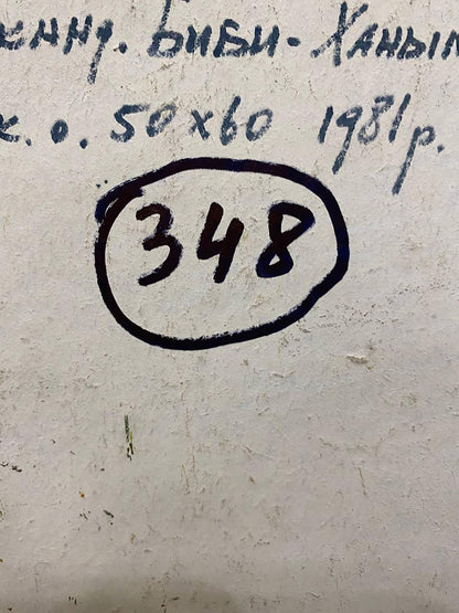 Black circled number 348 on back of Petrashevsky oil painting Ancient city