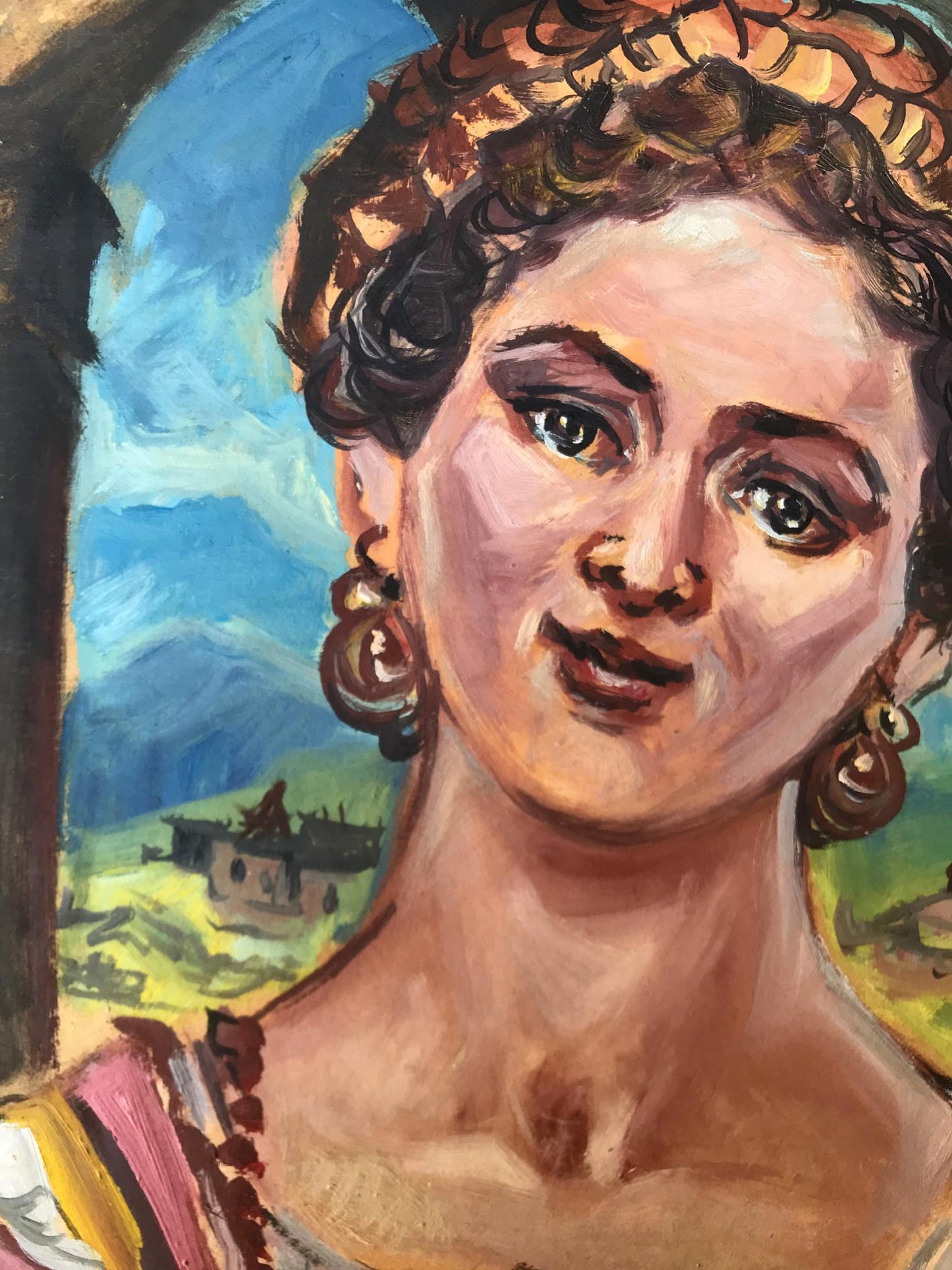 Vibrant Frida Kahlo oil portrait with crown, earrings at window by Litvinov