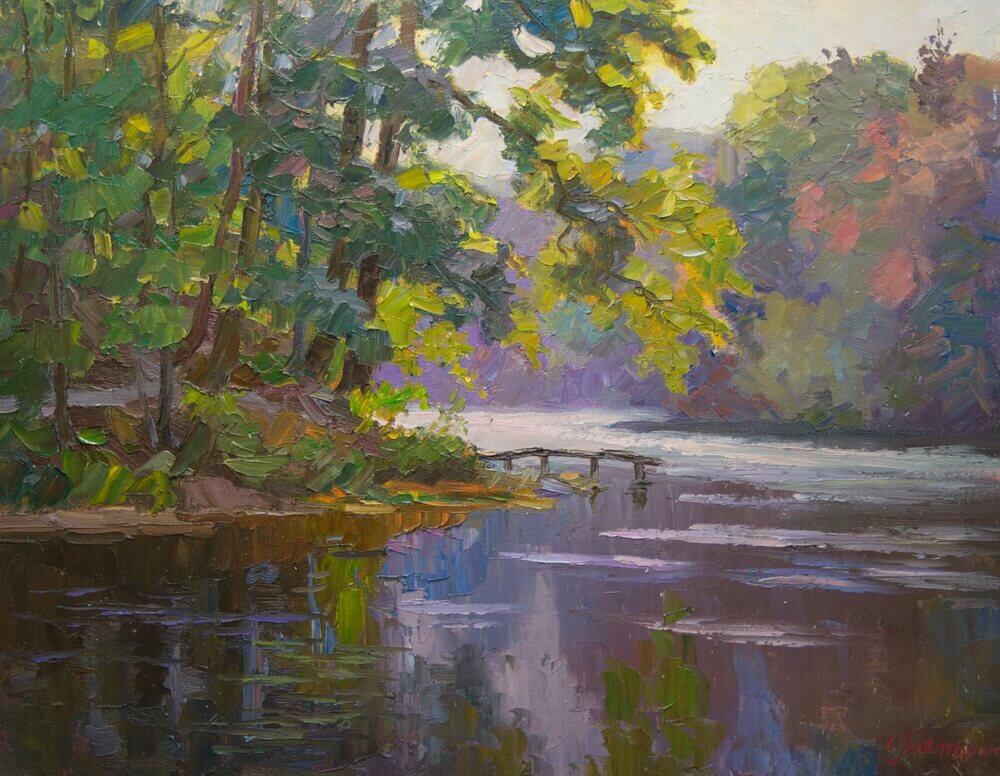 Serene impressionist oil painting by Sergiy Pivtorak: forested riverbank with bridge
