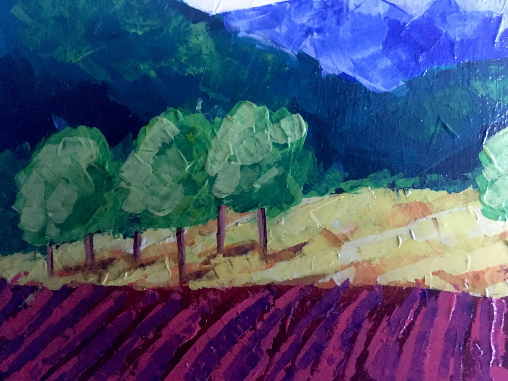 Oil painting of vineyards in forested mountains by V. Zadorozhnya