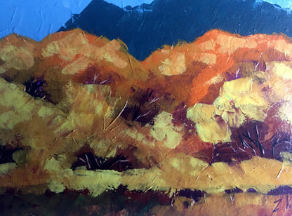 Oil painting Autumn mountains V. Zadorozhnya with orange yellow brushstrokes blue sky