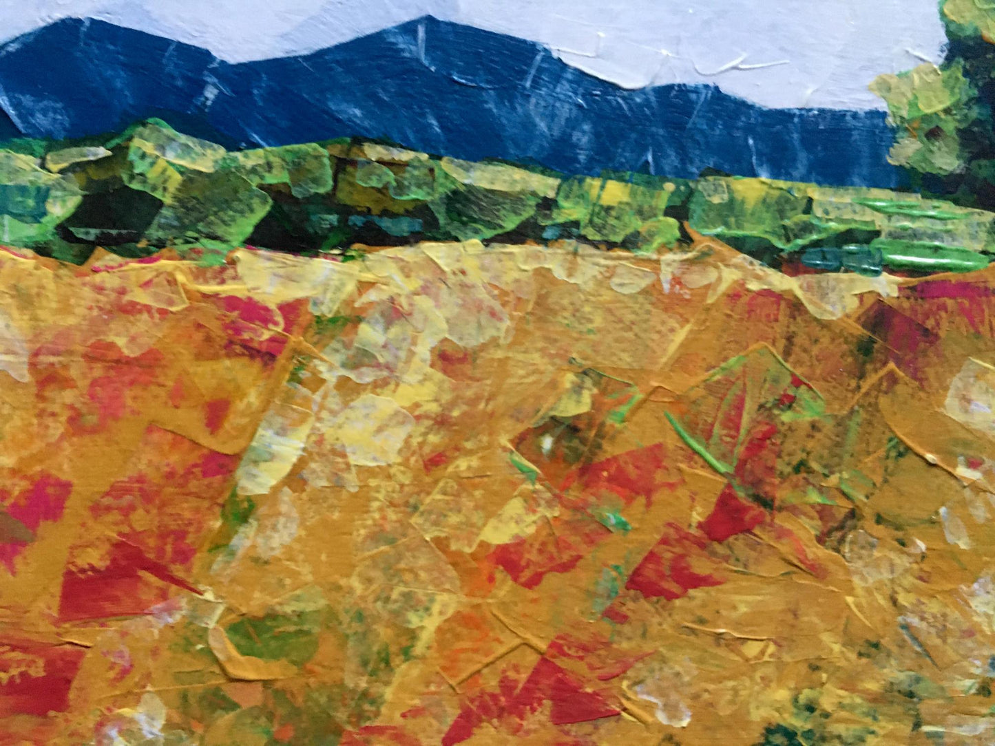 Vibrant oil painting Summer day by Zadorozhnya V.V. with bold yellow red green strokes on blue mountains