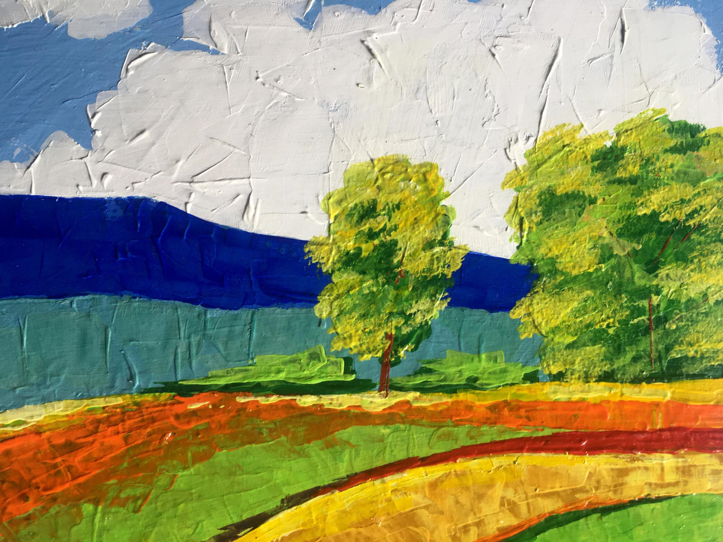 Oil painting Way home by Zadorozhnya V. V. with green trees blue hills clouds